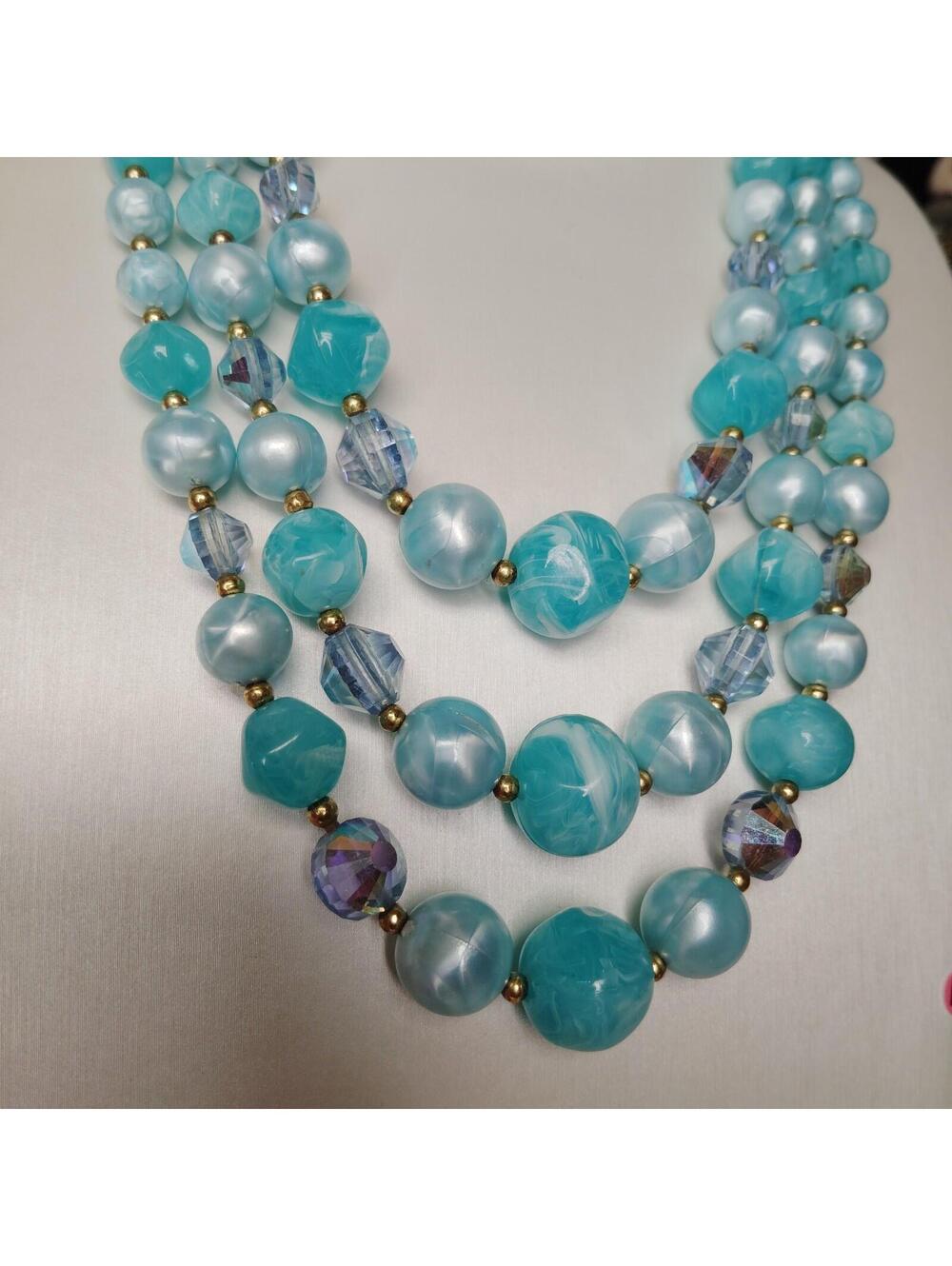 Vintage Aqua Blue Lucite AB Glass Beaded Multistrand Necklace 14"-16"